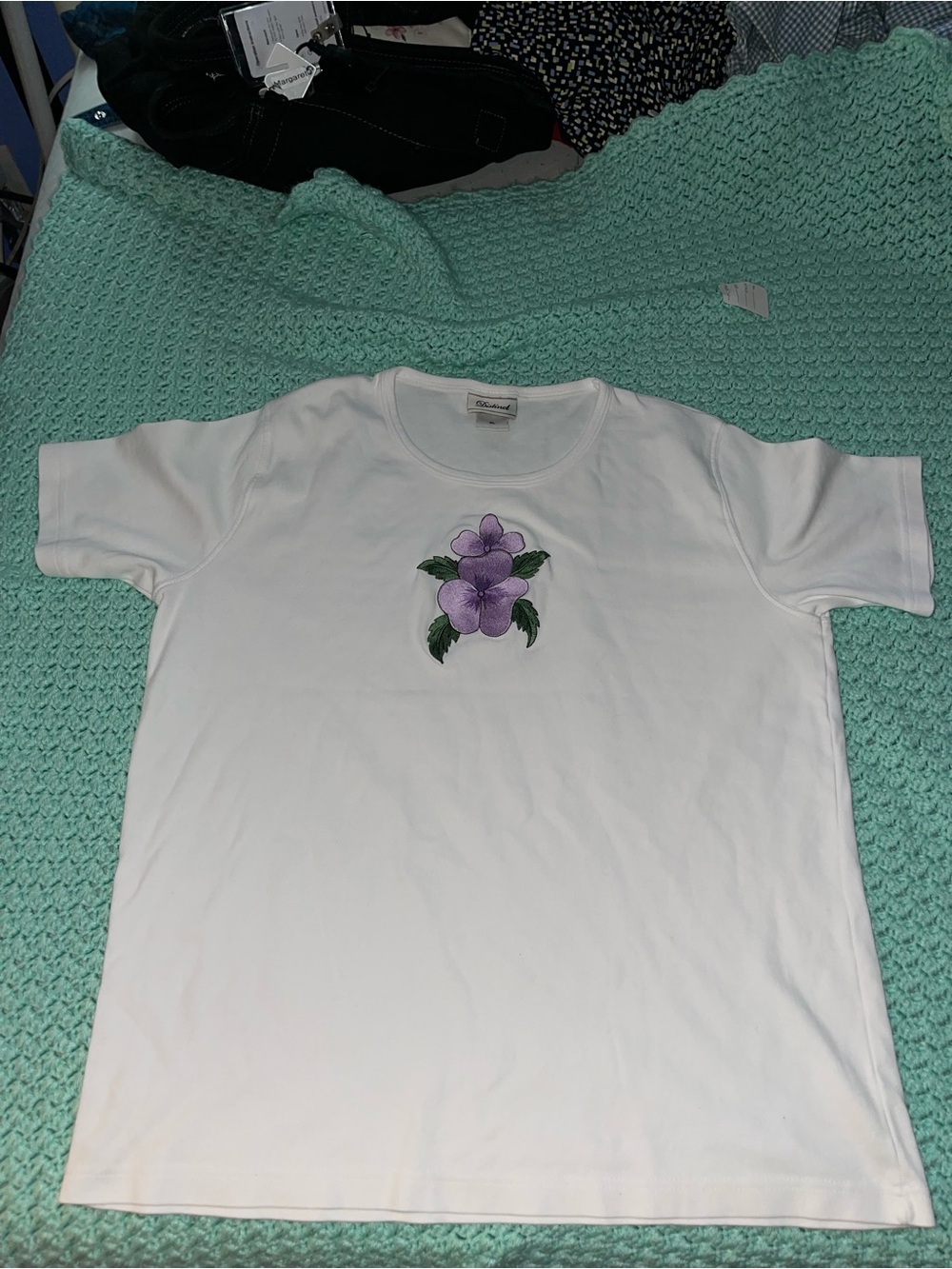 White women’s T-Shirt with Purple Floral Embroidery